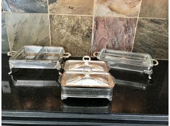 Trio Of Silver Plate And Glass Serving Pieces