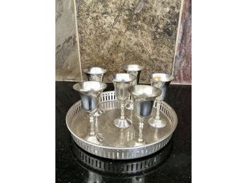 6 Sliver Plate Cordial Glasses And Round Tray