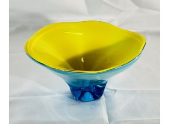 Beautiful MCM Hand Blown Cased Glass Bowl - Yellow Interior -