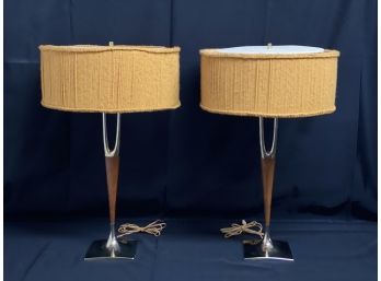Vintage Pair Of Brass & Teak Wishbone Lamps By Gerald Thurston For Laurel