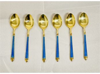 Set Of (6) Sterling Silver & Guilloche Enamel Demitasse Spoons  -  Scandinavian  -