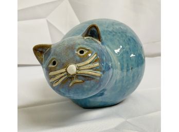 Large Blue Glazed Peering Cat Figurine