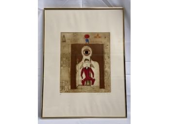 Vintage Modernistic Egyptian Color Lithograph Signed Mireille Kramer     - Man On Chair -