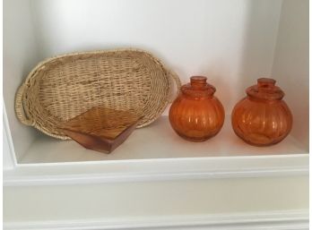Three Glass Pieces And Woven Basket!  2 Orange Glass Pumpkin Jars, Pale Orange Glass Dish