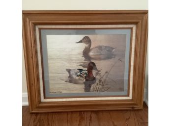 Beautiful Needlepoint Of Two Ducks Floating In Water Professionally Matted And Framed