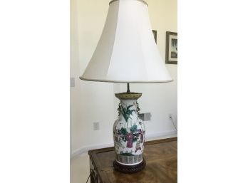 Vintage Chinese Porcelain Lamp With Shade And Wooden Base