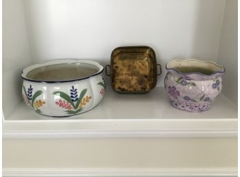 Lot Of Metal Tin And Two Ceramic Planters