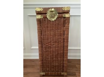 Wicker Basket With Attached Lid And Etched Goldtone Hinges
