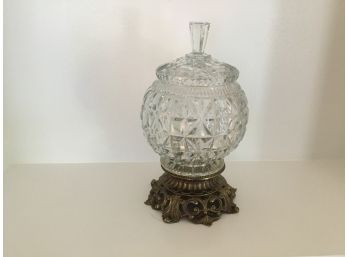 Rare Vintage  Diamond Cut Crystal And Brass Jar With Lid