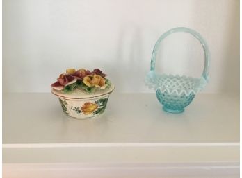 Beautiful Blue Milk Glass Basket And Rose Ceramic Trinket  Holder