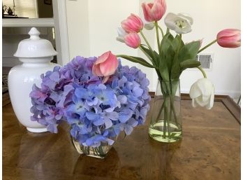 Lot Of Three!  Realistic  Purple Hydrangea And Tulip Centerpieces And White Ceramic Jar With Lid