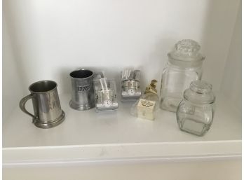 Great Lot Of Two Pewter/stainless Steel Mugs, Two Clear Glass Jars With Lids, Two Kitchen Timers And More!