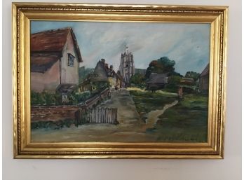 Vintage Scenic Painting By Lucy Burke Professionally Framed In Solid Gold Colored Wood
