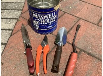 Lot Of Garden Tools Including Maxwell House Can!