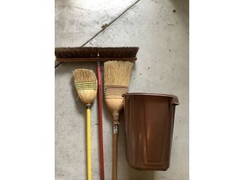 Lot Of Three Brooms And A Bucket