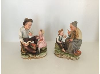 Vintage Ceramic Figurines Old Woman And Child And Old Man And Child