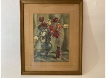 Antique Floral Lithograph With Cat Musician Figurine