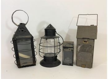 Group Of Antique Lanterns Including 1906-1908 WW1 Medical Corps Stonebridge Folding Candle Lantern