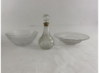 Group With (1) Antique Glass Decant With (2) Bowls