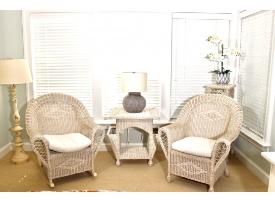Wicker Set With Armchair,rocking Chair, Magazine Table And Planter Stand