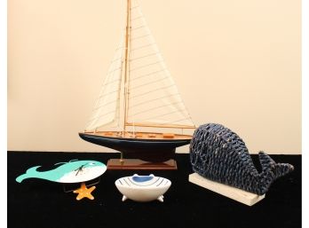 Assorted Nautical Decor, Model Ship, Wicker Whale, Crab Soap Dish, Tin Whale Clock