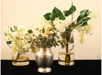 Three Restoration Hardware Vases And Faux Flowers