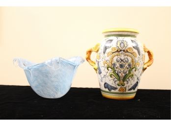 Italian Pasquesi Ceramic Vase And Hand Made Italian Murano Like White Cristal Bowl