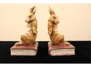 Pair Of Ceramic 'Rabbit Pushing Books' Bookends