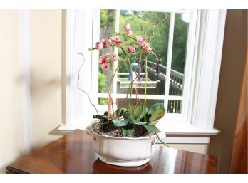 Faux Orchid Plant In Porcelain Pot