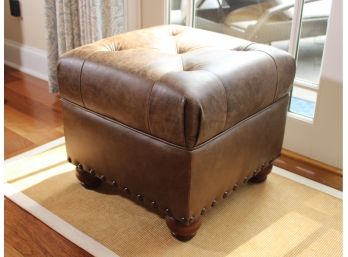 Pottery Barn Button Tufted Leather Ottoman With Nailhead Trim