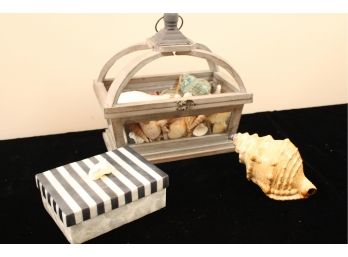 Assorted Nautical Decor Including Pottery Barn Wooden Seashell Box