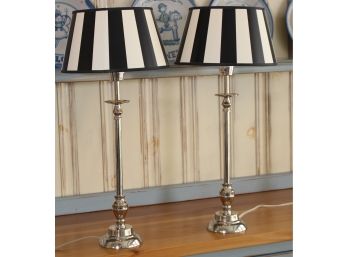 Black/White Striped Lamps With Metal Candlestick Base
