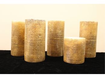 Five Pottery Barn Golden Burlap Style Candles
