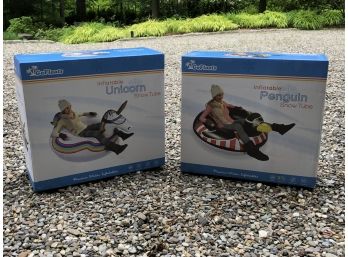 Two Inflatable Penguin And Unicorn Snow Tubes New, In Box