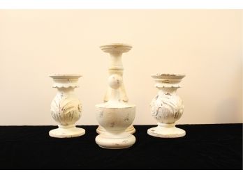 Pottery Barn Distressed White Candle Pillars And Finial