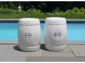 Pair Of Outdoor White Pottery Stools