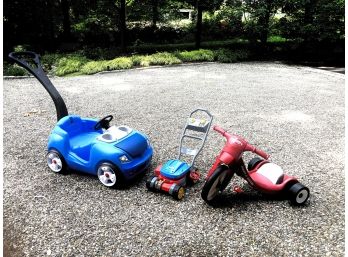 Radio Flyer Toddler Bike, Fisher Price Lawn Mower And Step 2 Push Car