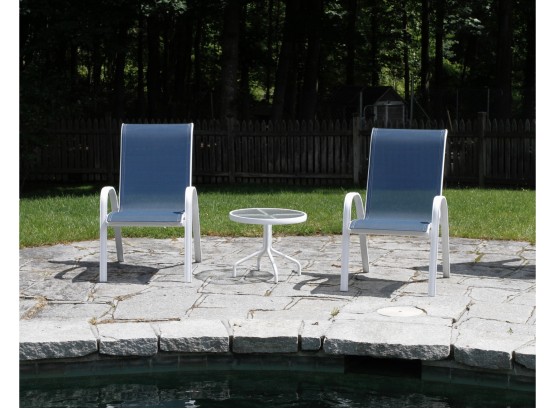 White Metal And Blue Mesh Patio Chairs W Glass Topped Circular Side Table- Set Of 3