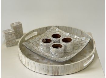 Mother Of Pearl Tabletop Set ( 2 Trays, 4 Napkin Rings, Salt & Pepper Shakers )