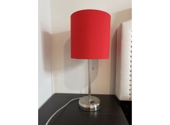 Brushed Steel Stick Lamp With Charging Outlet & Red Fabric Shade