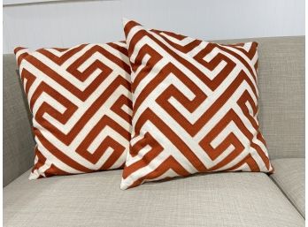 Orange And White Greek Key Accent Pillows - A Pair