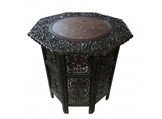 Antique Indian Carved Wooden Hexagonal Folding Side Table With Brass Inlay