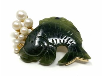 Fun Carved Jade Fish Pin With Cultured Pearls