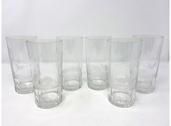 Set Of Six Etched Glass Tumblers, Each Different, With Game Birds - Ducks And Quails