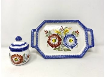 French Faience Tray And Lidded Jar - Henriot Quimper (Fleuri Royal Patterned)