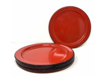 Set Of Six Nice Red And Black Enamel Dinner Plates