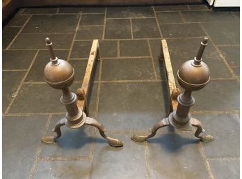 Pair Of 19th Century Brass Ball Top Andirons With Cabriole Legs