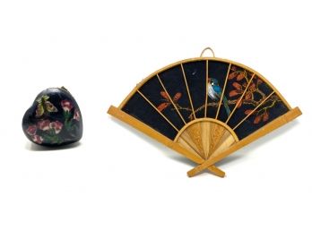 Vintage Chinese Cloisonne Heart-shaped Trinket Box And Fan Shaped Wall Decoration