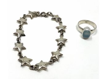 Sterling Silver Star Bracelet And Sterling Ring With Cabochon Blue Stone