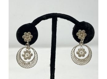 Pair Of Silver Filigree Mexican Drop Earrings - Screw-backs Circa 1940s
